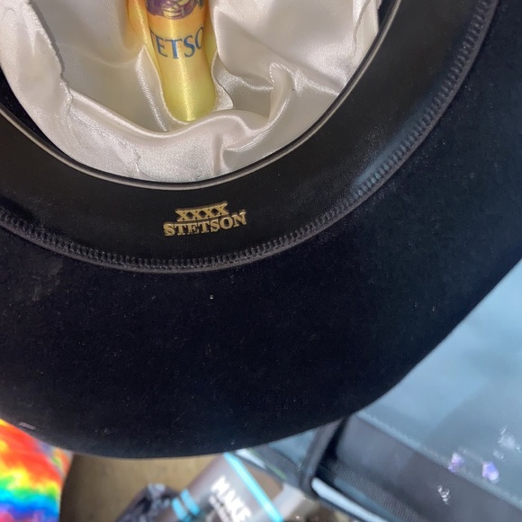 VINTAGE JOHN B. STETSON COMPANY BLACK LEATHER AND SUEDE SZ 56/7 COWBODY HAT - Picture 4 of 7